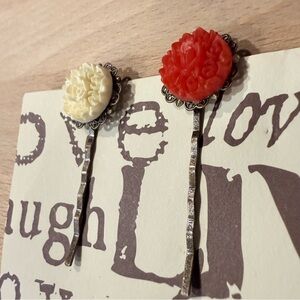 Handmade Vintage Lace Floral Bobby Pins – Ivory & Red Statement Duo